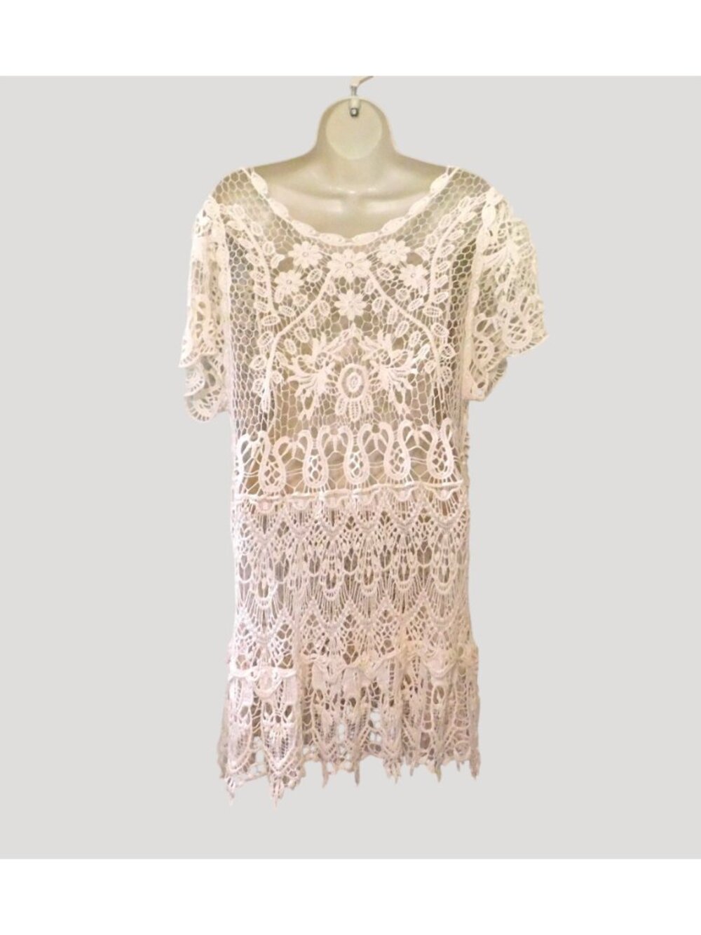 Crochet Lace Tunic Top Womens XL Cream Short Sleeves Boho Style - Picture 7 of 8